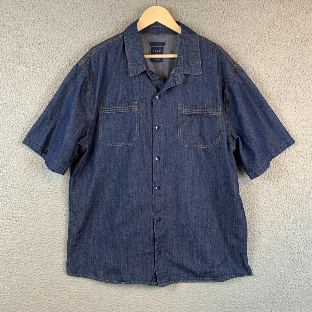 Trust Shirt Mens 3XL Dark Denim Short Sleeve Button Up Casual Biker Outdoor